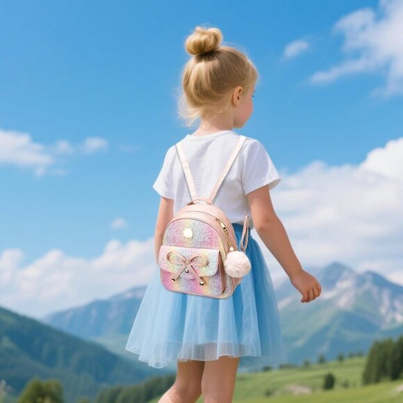 Glitter Pink 3-Piece Girls Bowknot Leather Backpack Set for Stylish Adventures main image 6